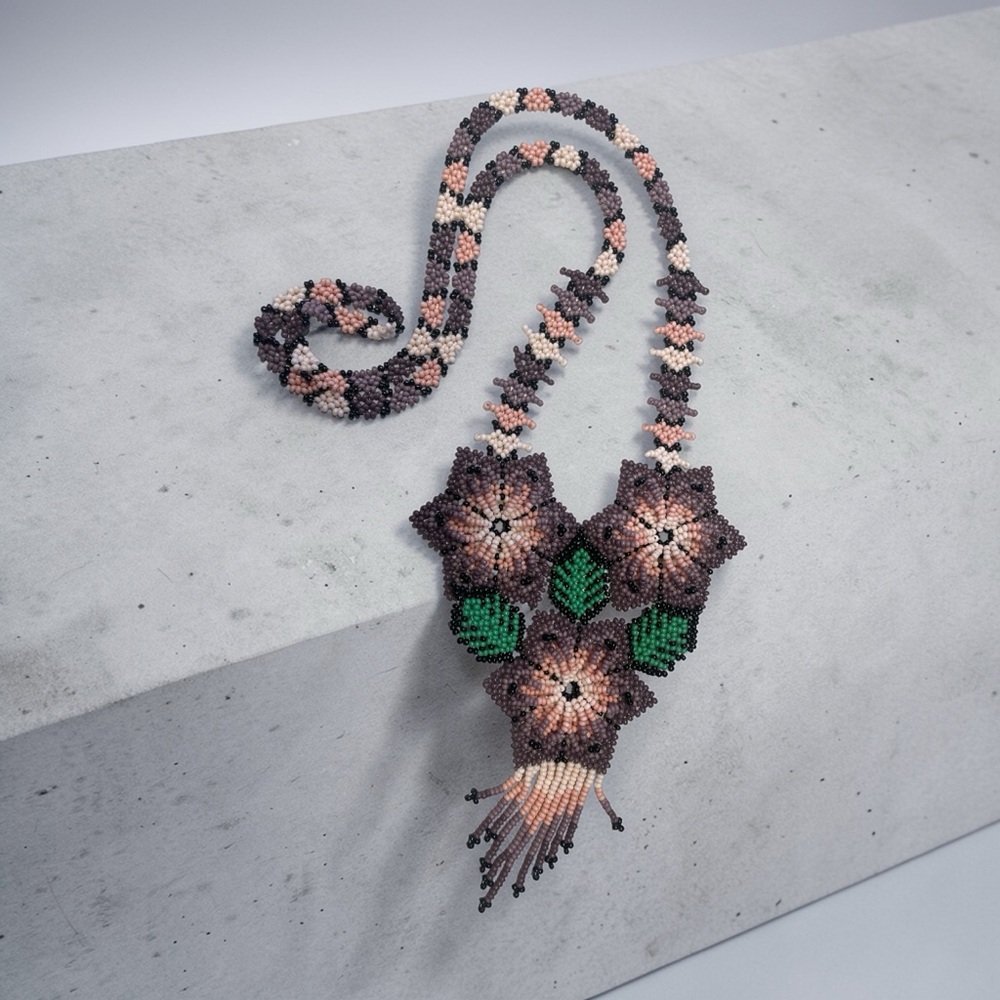 Handmade Beaded Floral Statement Necklace Mauve Pink Green Artisan Jewelry - Picture 4 of 7
